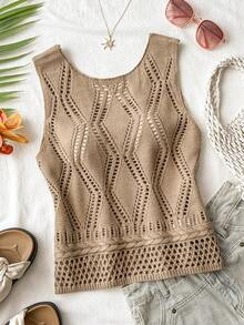 Travachic Women's Brown Hollow-Out Knit Loose Tank Top, Summer Vacation, Christmas Party, Elegant New Year's Eve, Casual Going Out, Tank Top - Brown - View 1