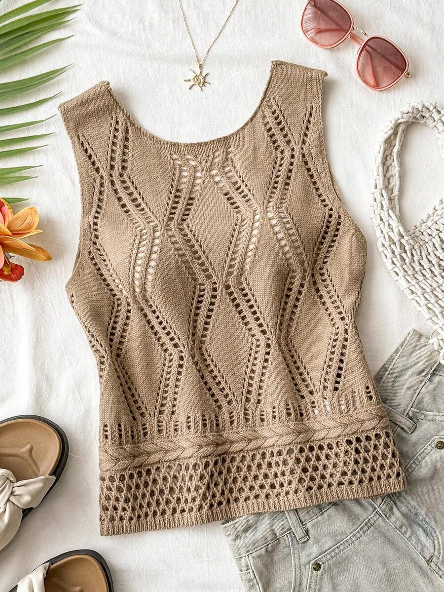 Travachic Women's Brown Hollow-Out Knit Loose Tank Top, Summer Vacation, Christmas Party, Elegant New Year's Eve, Casual Going Out, Tank Top - Brown - View 1