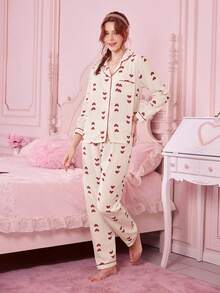 Bonmuse 22pcs Valentine's Day Heart Print Long Sleeve Top And Pants Pajama Set, Casual Loose Fit Homewear Suitable For Indoor And Outdoor, Spring/Summerfor Summer - Multicolor - View 3