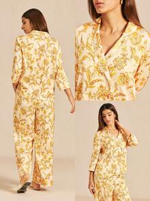 LUVLETTE Tropicoqueta Luxury Lounge Sleepwear Elegant Yellow & Gold Floral Pajama Set - Soft Satin Long-Sleeve Top & Pants With Trim Luxury Lounge Sleepwear - Yellow - View 3