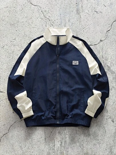 EVRINFINITE Men's Long Sleeve Retro Color Block Mock Neck Jacket, Collegiate Style Casual Outerwear, Minimalist Essential , Fall