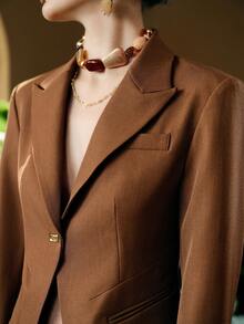 Arave Women's Woven V-Neck Shoulder Gathered Waist Elegant Office Commute Blazer Top, Winter - Camel - View 7