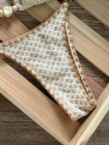 Swim Mod 2件套女童花苞图案特殊面料吊带露脐上衣和可调节侧三角短裤 - 米色 - 查看 5