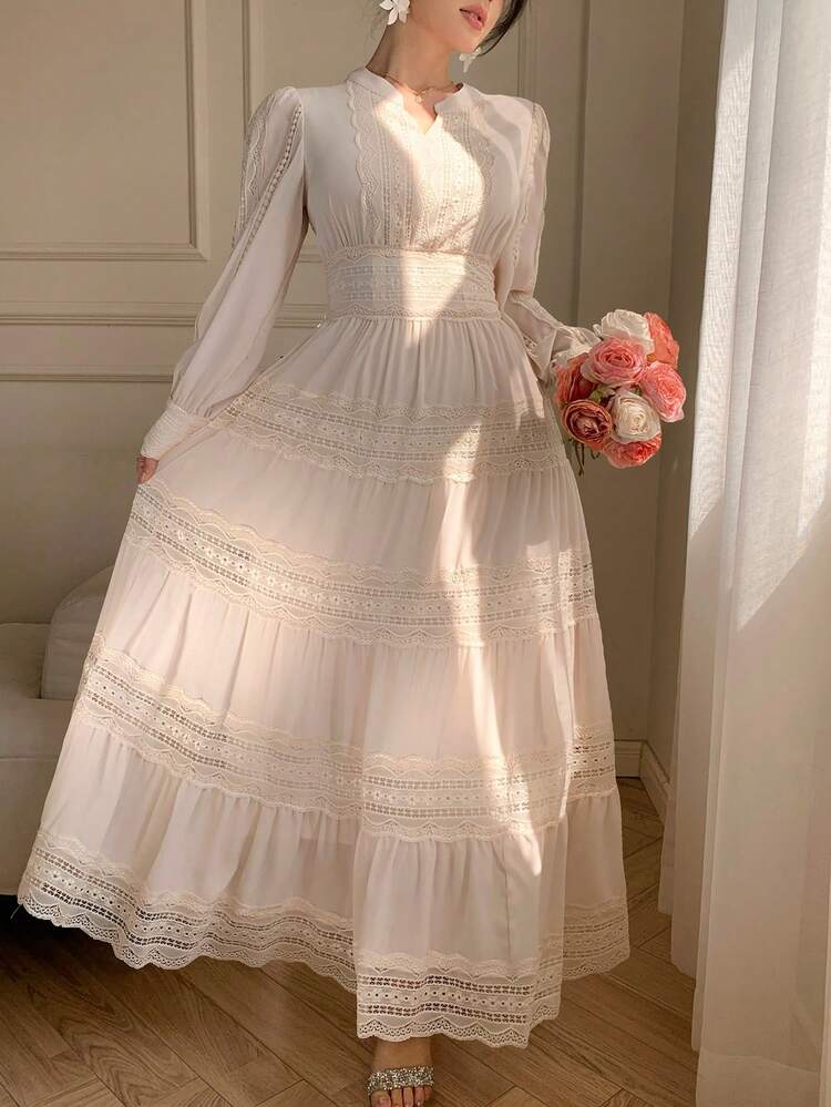 Women's Elegant Solid Color Lace Splice V-Neck Long Sleeve Dress, Valentine Outfits For Women Dress Sundress