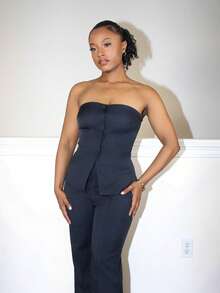 Steph T Women Halter Suit Set, Business Attire For Office In Fall/Winter Elegant Blue - Navy Blue - View 4