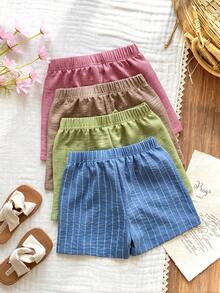 SHEIN Vintaside Kids 4件套女童休闲弹力腰蝴蝶结装饰直筒短裤，绿色/卡其色/粉色/蓝色，百搭时尚夏季短裤 - 彩色 - 查看 2