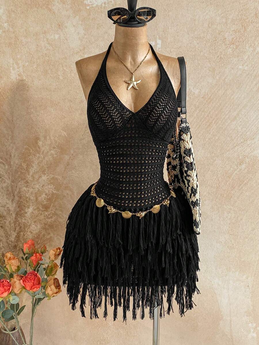 Soleia Vestido mini de mujer de talla grande con textura de punto, con borlas, estilo halter, para vacaciones. Sexy atuendo para fiesta, cita, playa, vacaciones de verano. Adecuado para citas, té de la tarde, temporada de bodas, crucero de playa, viaje de ciudad, vacaciones bohemias, festival de música.