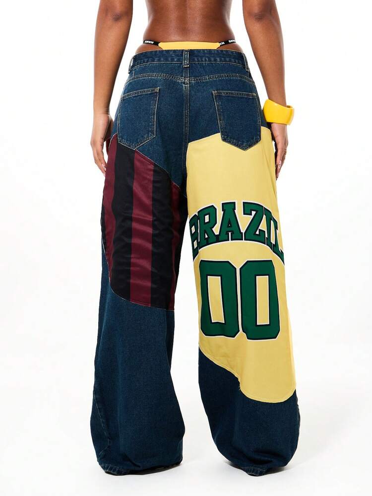 SUMWON WOMEN Deconstructed Varsity Patch Baggy Barrel Jeans