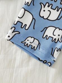 2件套幼儿男童可爱大象字母印花圆领按扣蓝色大象印花短裤睡衣套装，贴身款 - 藍色 - 查看 3