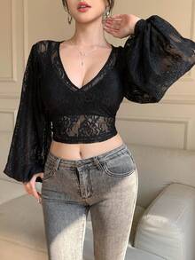 DAZY Women's Elegant Lace V-Neck Blouse, Spring/Summer Long Sleeve Tops Women - Black - View 3
