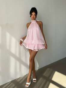 Aloruh Women's Elegant Light Yellow Halter Tie Mini Dress - Baby Pink - View 6