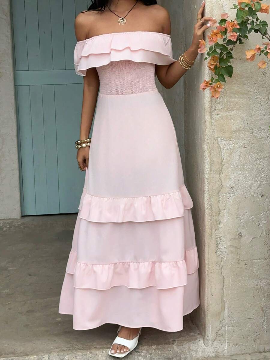 Aloruh Women's Light Pink Bohemia Elegant Summer Vacation Holiday Maxi Dress,Off Shoulder Linen Like Ruffled Fitted Waist Wedding Guest Party Outfits