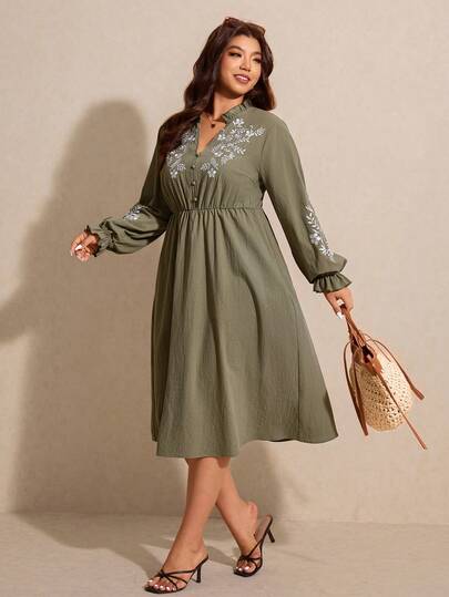Elaquor Plus Size Floral Embroidered Casual Vacation Dress