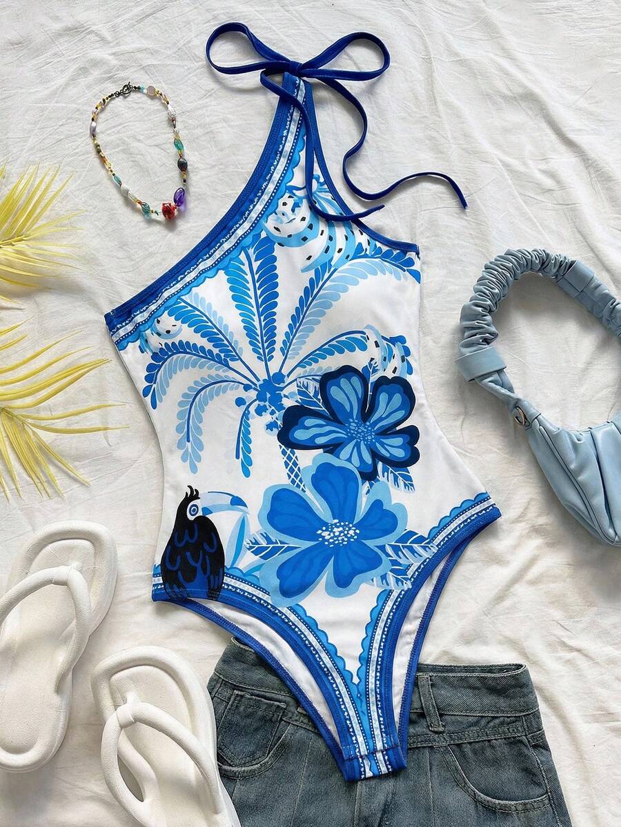 Soleia 新款休闲度假西部海滩婚礼宾客着装毕业早午餐女士圣帕特里克节春假复活节音乐节优雅波西米亚热带风情优雅巴西热带印花系带连体衣 - 淺藍色 - 查看 1