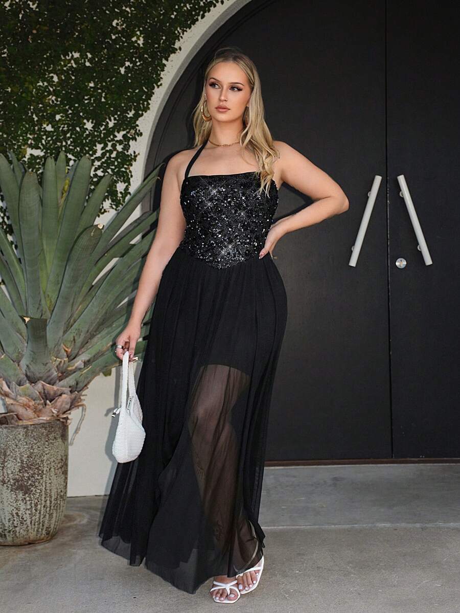 Roveilla Black Spaghetti Strap Sleeveless Sequin Dress, Elegant Fitted Waist Queuing Style Evening Gown - Black - View 1