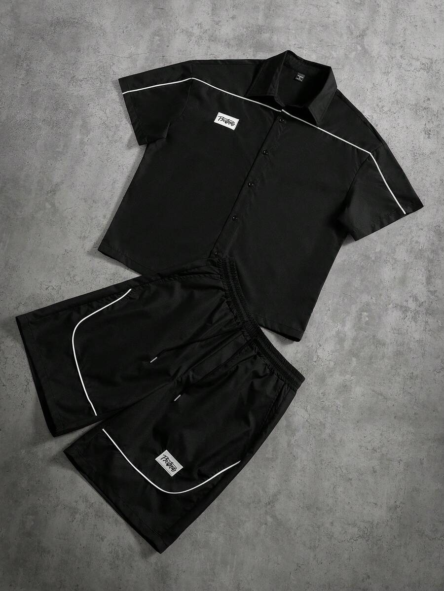 PAVTROS Men's Summer Casual Contrast Trim Shirt And Shorts Set - Black - View 1