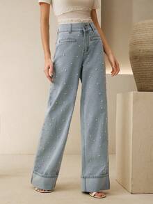 Anewsta Women's Fashionable Glamorous White Pearl Romantic Valentine's Day Party Vacation Blue Straight Leg Cuffed Jeans - Blue - View 6