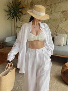 DAZY Relaxed Loose Long Sleeve Shirt And Wide Leg Pants 2 Pieces Set For Women - White - View 1