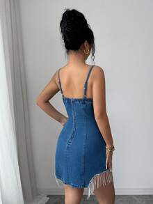 Elenzga Women's Fitted Rhinestone Tassel Hem Fashionable Spaghetti Strap Denim Dress - Medium Wash - View 2