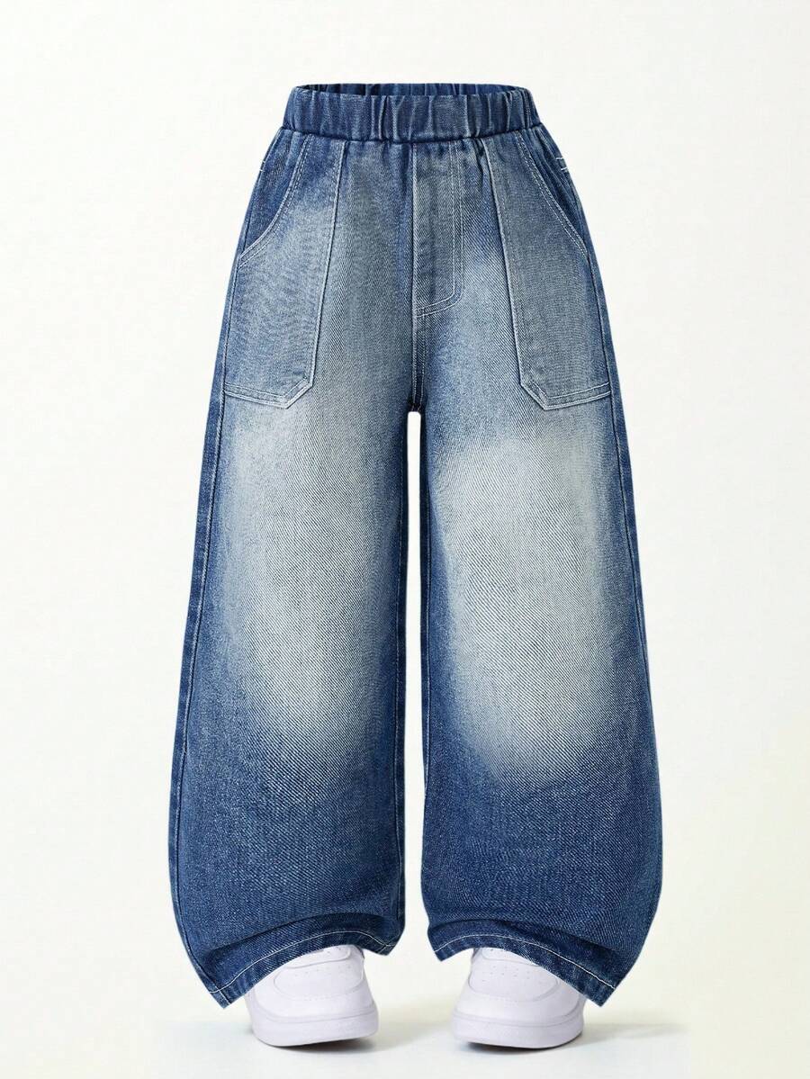 SHEIN Casuvi Kids 男童休闲时尚街头风宽松阔腿牛仔裤,日常百搭 - 藍色 - 查看 1