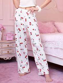 Bonmuse 女士白色樱花印花睡裤 - 柔软休闲家居裤，红色樱花和绿色叶子图案，弹性腰带，可机洗，夏季穿着下装，方便舒适 - 白色 - 查看 5