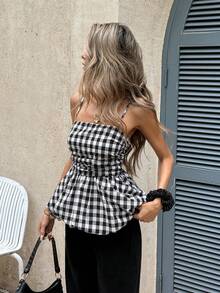 Serisse Gingham Square Neck Peplum Tank Top – Women's Sleeveless Plaid Camisole Summer  Cami  Women's Casual Plaid Camisole Top For Summer,Summer ,Spring,Festival,Party , Birthday,Beach,Vacation,Casual,Wedding,Graduation, Going Out, Elegant, - Apricot - View 1