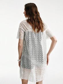 Aveloria Modichic Women's Elegant White Lace Crochet Short Dress,Summer Tea Party Mock Neck Straight H-Line Cut Short Sleeve Scalloped Hem Retro Sweet Outfits - White - View 3
