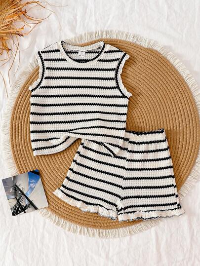 SHEIN Vintaside Kids 2pcs/Set Young Girl Striped Jacquard Knit Loose Vest And Shorts Set, Suitable For Casual, Holiday, Sports, Summer