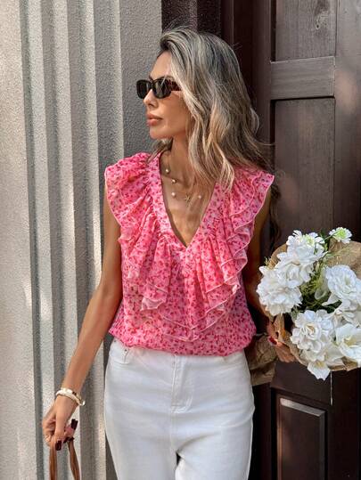 SHEIN PariChic Summer New V-Neck Sleeveless Chiffon Blouse - Sweet Multi-Layer Ruffled Trim, Youthful Pink Ditsy Floral Sheer Lightweight Casual Top For Women