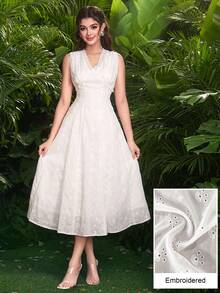 Modelyn Đầm midi dáng xòe không tay, cổ chữ V, thêu họa tiết, kiểu Pháp thanh lịch dành cho nữ. - trắng - Xem 5