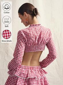 SHEIN ICON Áo sơ mi nữ tay dài dáng ngắn kẻ caro thắt nơ phía trước, kiểu dáng thời trang. - Đỏ - Xem 2