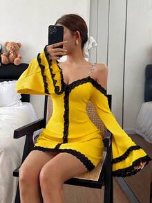 Dream Adore 性感V领长袖露肩蕾丝拼接女士睡裙 - 黃色 - 查看 7