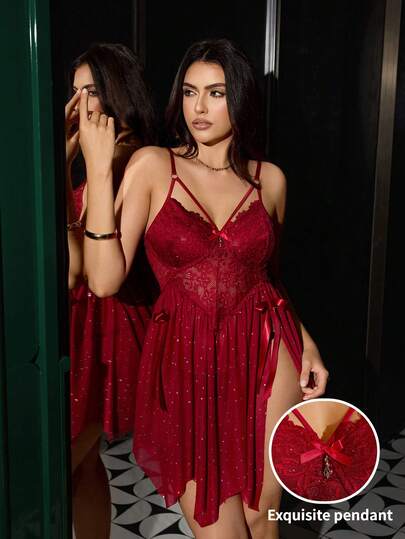 SHEIN Plus Size Sequin Mesh & Contrast Lace Asymmetrical Hem Sexy Sheer Nightgown