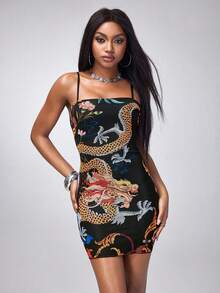 Shutterstock Y2Kool Casual Sexy Urban Modern Minimalist Y2K Subculture Fashion Women's Dragon Print Black Mesh Bandeau Dress, Suitable For Outings, Music Festivals, Daily, Vacation, Dates, Parties, New Year, Spring/Summer - Multicolor - View 3