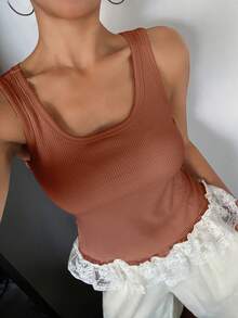 DAZY Lace Patchwork Sleeveless Tank Top For Women - Camel - View 6
