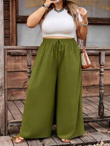 SHEIN CURVE+ Curve 尺码 US22 音乐节、海滨度假、波西米亚风女士黑色口袋抽绳腰带休闲宽松阔腿裤碎花裤，女士秋季服装 - 軍綠色 - 查看 9
