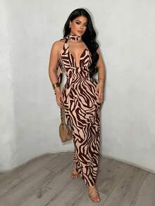 SHEIN SXY Women's Zebra Print Plunging V-Neck Backless Dress - Coffee - View 3