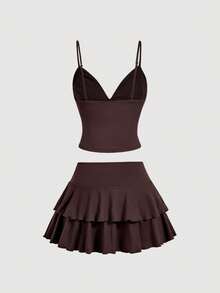 SHEIN MOD 女士夏季休闲纯色吊带背心和迷你裙两件套 - 咖啡棕 - 查看 4