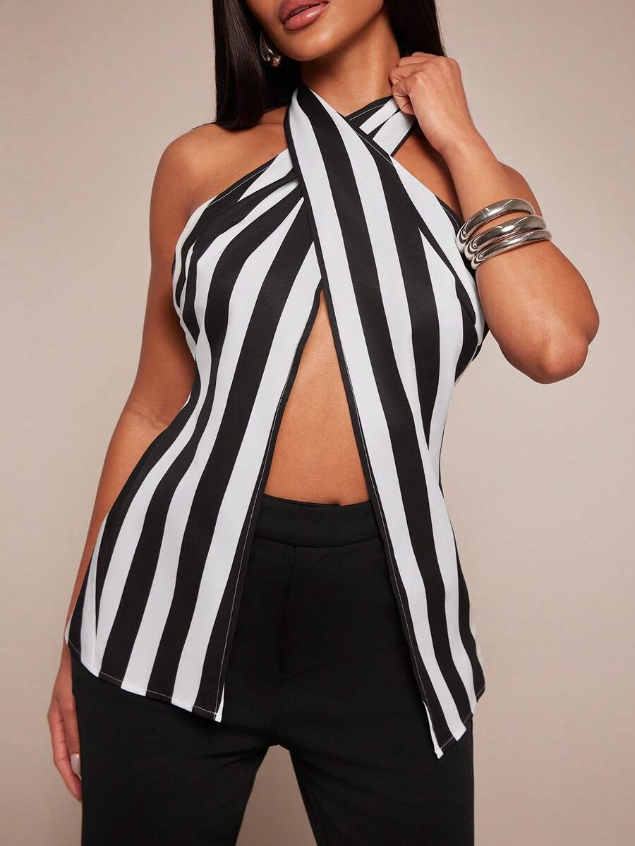 Radiana Women's Sexy Minimalist Fashionable Black And White Striped Halter Neck Top, Sexy Backless Top, Striped Top, Criss-Cross Halter Neck Tie Top - Black and White - View 1