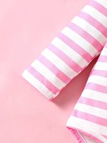 SHEIN Playful Pals 女婴春秋季可爱风格连体衣和蜜蜂图案连衣裙，赠送发带 - 粉色 - 查看 3