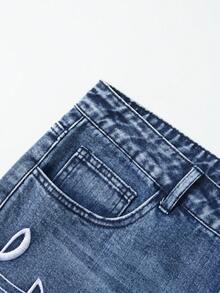ROMWE MEN Men's Casual Music Note & Slogan Embroidered Denim Shorts, Summer - Blue - View 7