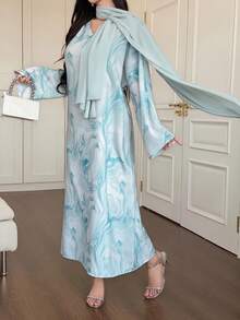 DAZY Women's Elegant Floral V-Neck Straight Dress With Veil, 2 Pieces Set, Spring/Summer - Blue - View 3