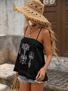 Brillora Women's Vacation Casual Retro Embroidered Camisole - Black - View 8
