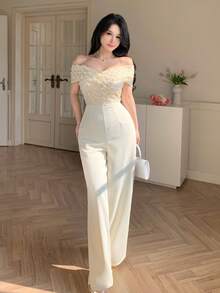 DAZY 女士优雅亮片拼接露肩阔腿连体裤，夏季 - 米色 - 查看 6