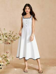 SHEIN Vestido de Cor Sólida Branca com Cinto Preto na Cintura, Vestido Longo Elegante, Adequado para Uso Diário, Festas de Aniversário e Diversos Eventos, Primavera/Verão - Branco - Visão 3