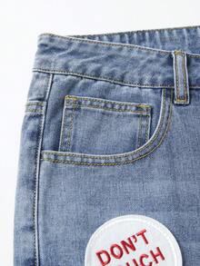 ROMWE MEN Street Life Men's Letter Embroidered Pocket Loose Casual Denim Shorts - Blue - View 3