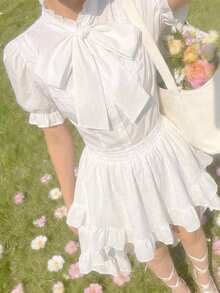 SHEIN MOD MAXI 3D蝴蝶结灯笼袖荷叶边复古宫廷风衬衫 – 节日盛装、公主风、正式场合；完美适用于度假、约会、野餐、派对、舞会、节日和生日；浪漫复古宫廷风蝴蝶结衬衫，蝴蝶结上衣，女士泡泡袖上衣，优雅灯笼袖衬衫，情人节、夏季、春季女士、嘉年华服装 - 白色 - 查看 2