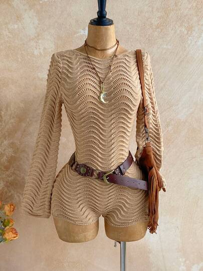 Soleia New Casual Vacation Western Beach Wedding Guest Attire, Graduation Brunch, St. Patrick's Day Spring Break, Easter Music Festival, Elegant Bohemian Tropical Texture Flare Sleeve Backless Knitted Jumpsuit For Women Autumn Winter Clothes For Women