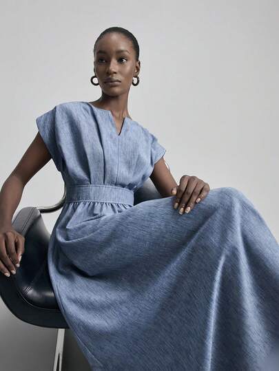 Ontre 女士V领褶裥腰部休闲连衣裙