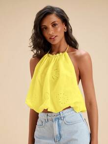 Travachic 度假纯色镂空刺绣露背吊带上衣，适合嘉年华、春假、夏季、情人节、海滩、休闲度假、外出等场合穿着。 - 淡黃色 - 查看 4